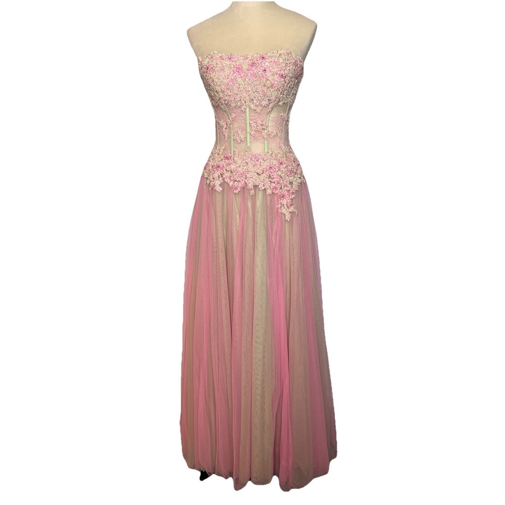 Sherri Hill Strapless Ball Gown Pink Green Dress 4 Sweetheart Wicked Glinda